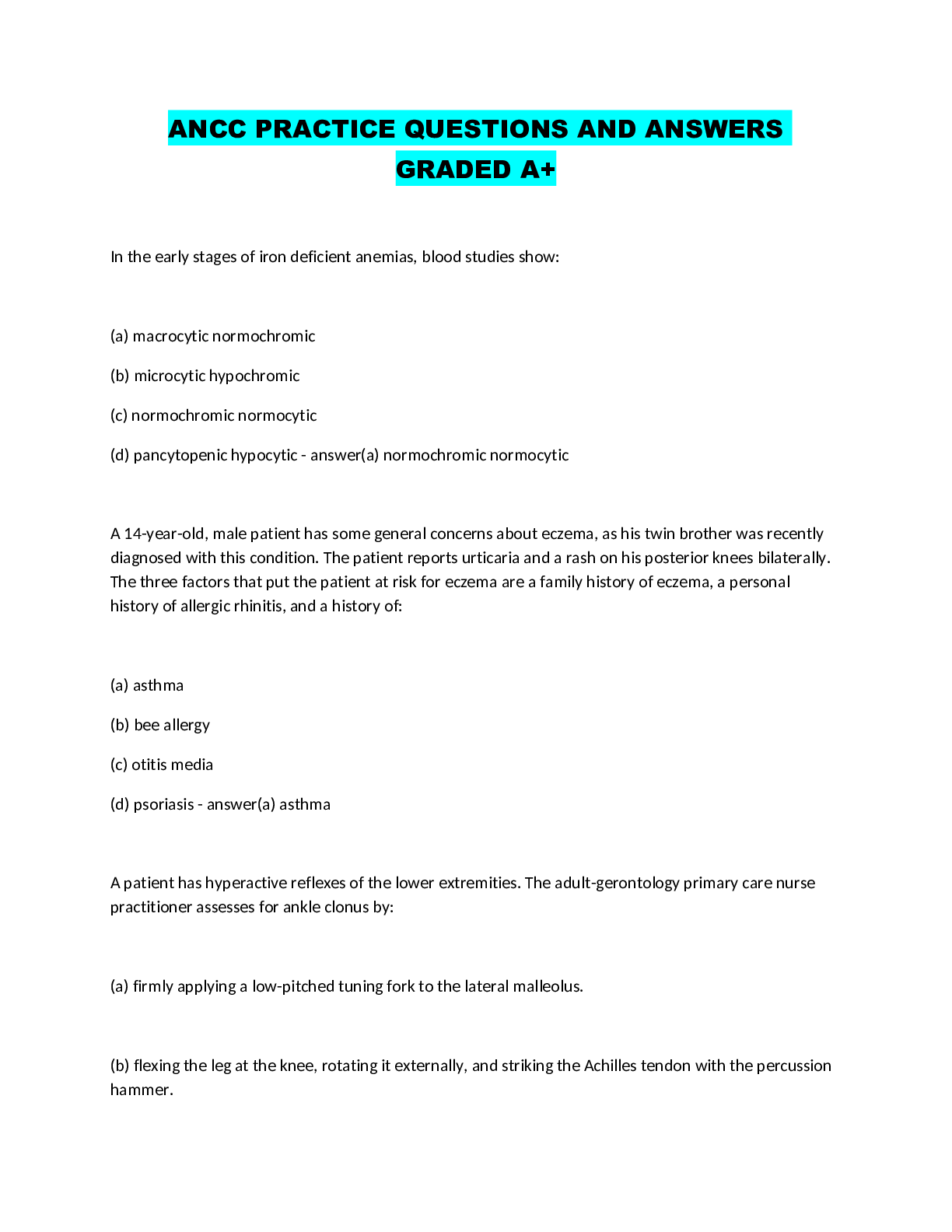 Preview image for ANCC PRACTICE QUESTIONS AND ANSWERS GRADED A+